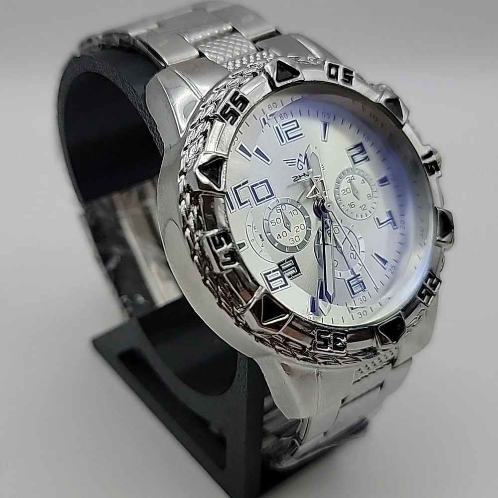 Silver Men’s 48mm Chronograph Style Quartz Watch - Silver Dial And 3 Link Band